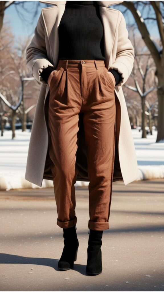 Brown linen pants, black turtleneck sweater, black ankle boots, coat, winter park background.