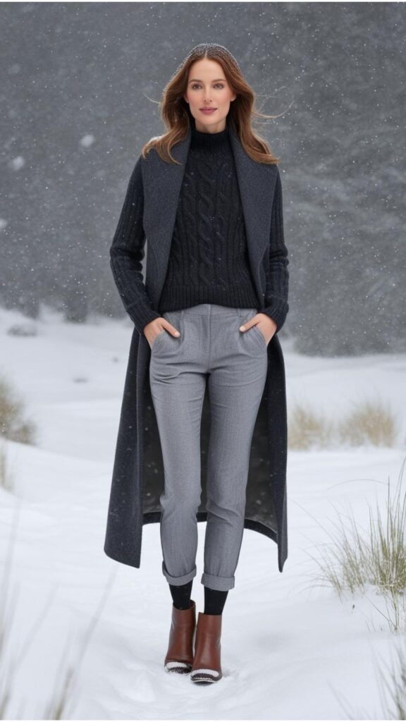 Gray linen pants, black tights, black sweater, brown boots, coat, snowy background.