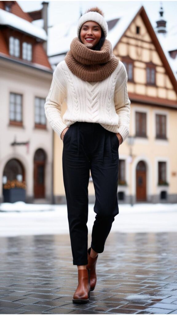 Black linen pants, cream chunky knit sweater, brown boots, scarf, winter city background.