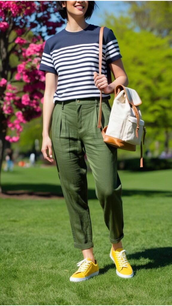 Olive green linen pants, striped t-shirt, yellow sneakers, backpack, park background.