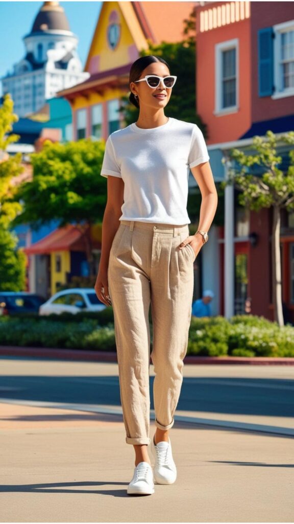 Beige linen pants, white t-shirt, white sneakers, sunglasses, casual city background.
