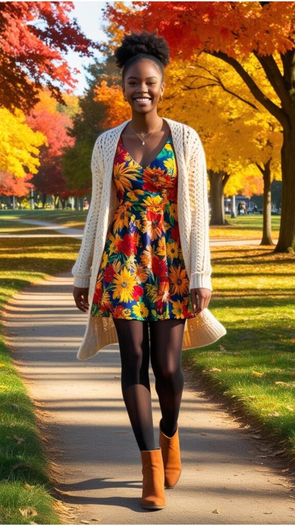 A woman in a floral summer dress, layered with black tights, a chunky knit cardigan, and ankle boots, walking through a park with fall foliage.