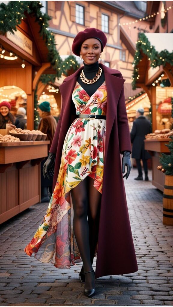 A woman in a summer dress layered over a turtleneck and tights, with a long coat, a statement necklace, a wool hat, and gloves, standing in front of a Christmas market.