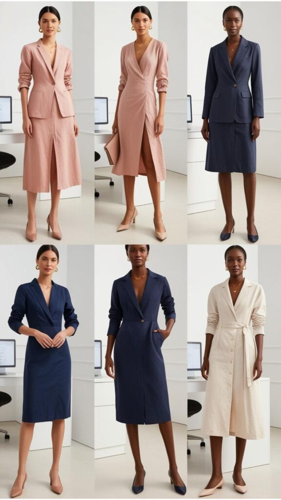 Style summer dresses for work with structured silhouettes, a tailored blazer, closed-toe heels or flats, and minimalist jewelry for a polished, professional look.