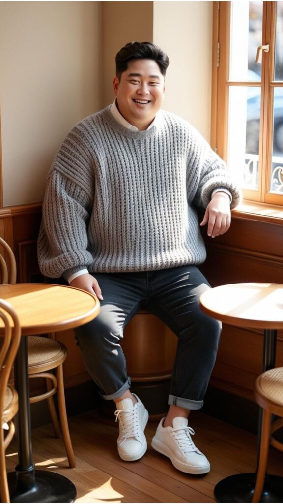 A chubby Korean man wearing a cozy gray knit sweater, black jeans, and white sneakers, sitting in a cafe.