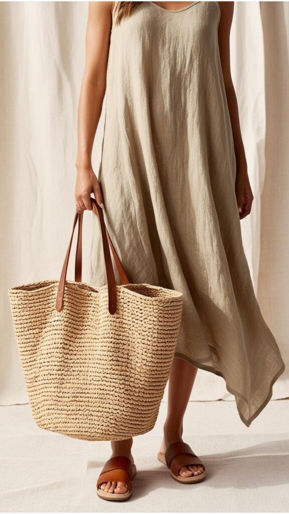 A relaxed linen dress in a natural shade, paired with leather sandals and a woven tote bag.