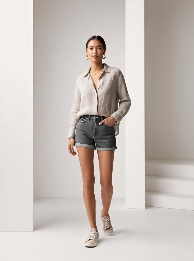 Linen button-down shirt with denim shorts and sneakers creates a casual summer brunch outfit that’s cool, comfy, and stylish.