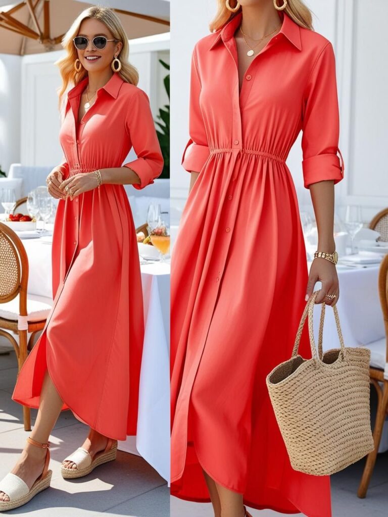 Chic maxi shirt dress styled with statement earrings and sandals, creating a modest yet stylish summer brunch outfit ideal for warm sunny days.