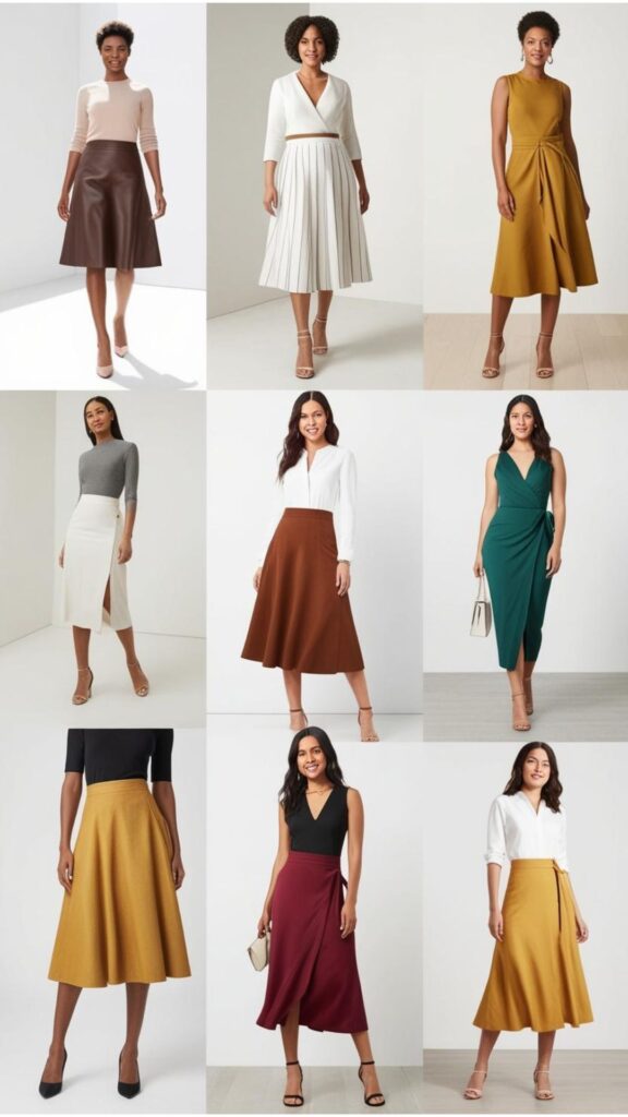 Find the most flattering midi skirt for your body type: petite frames suit knee-length styles, tall figures can rock long midis, and curvy shapes shine in A-line or wrap skirts.