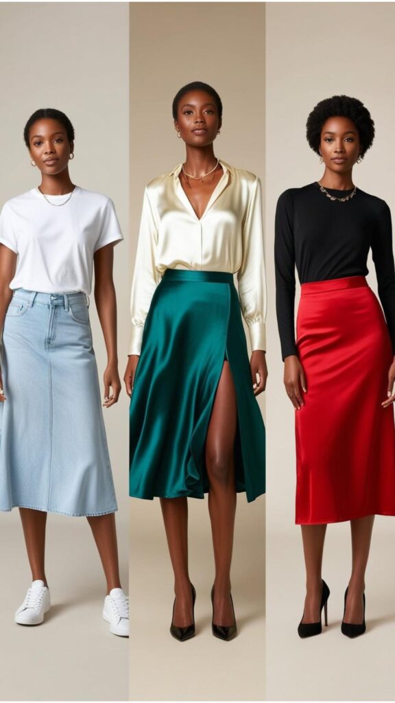 Style a midi skirt for any occasion: denim with a tee for casual chic, silk with a blouse for elegance, or a bold pencil skirt with heels for evening sophistication.