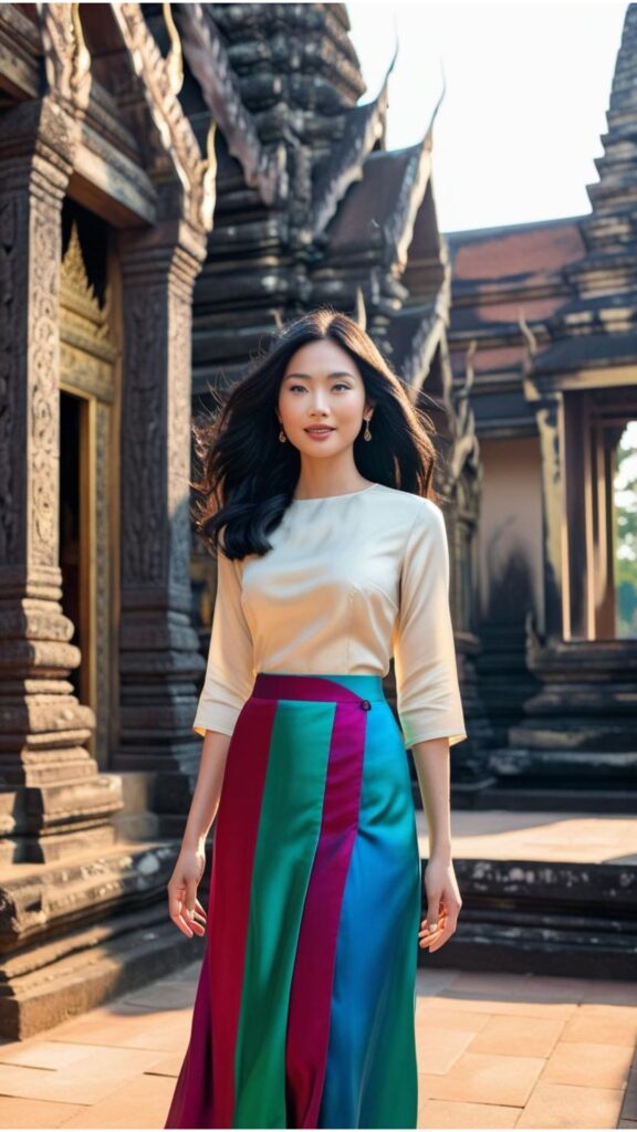 A stunning woman wearing a flowing midi skirt and a modest blouse with three-quarter sleeves, visiting a temple in Thailand.