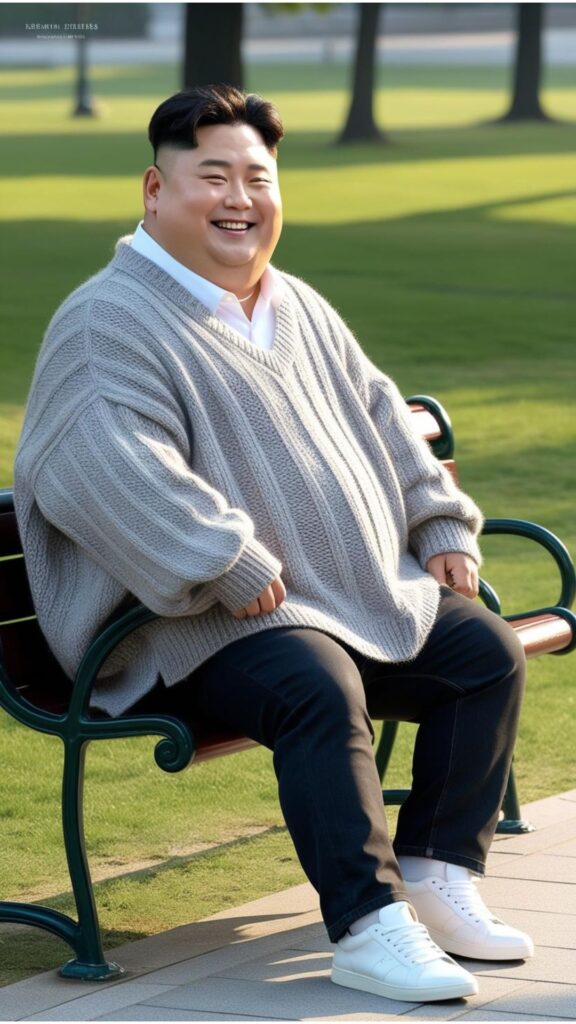 A chubby Korean man wearing a cozy oversized gray knit sweater with black jeans and white sneakers, sitting on a bench in a park.