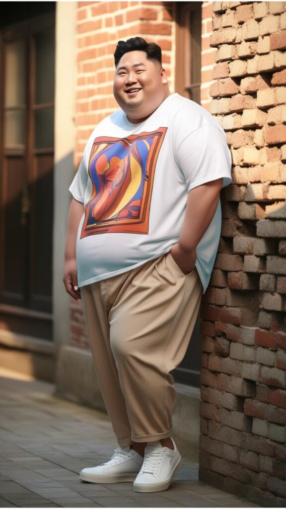 A chubby Korean man wearing an oversized graphic tee with relaxed-fit beige chinos and white sneakers, leaning against a brick wall.