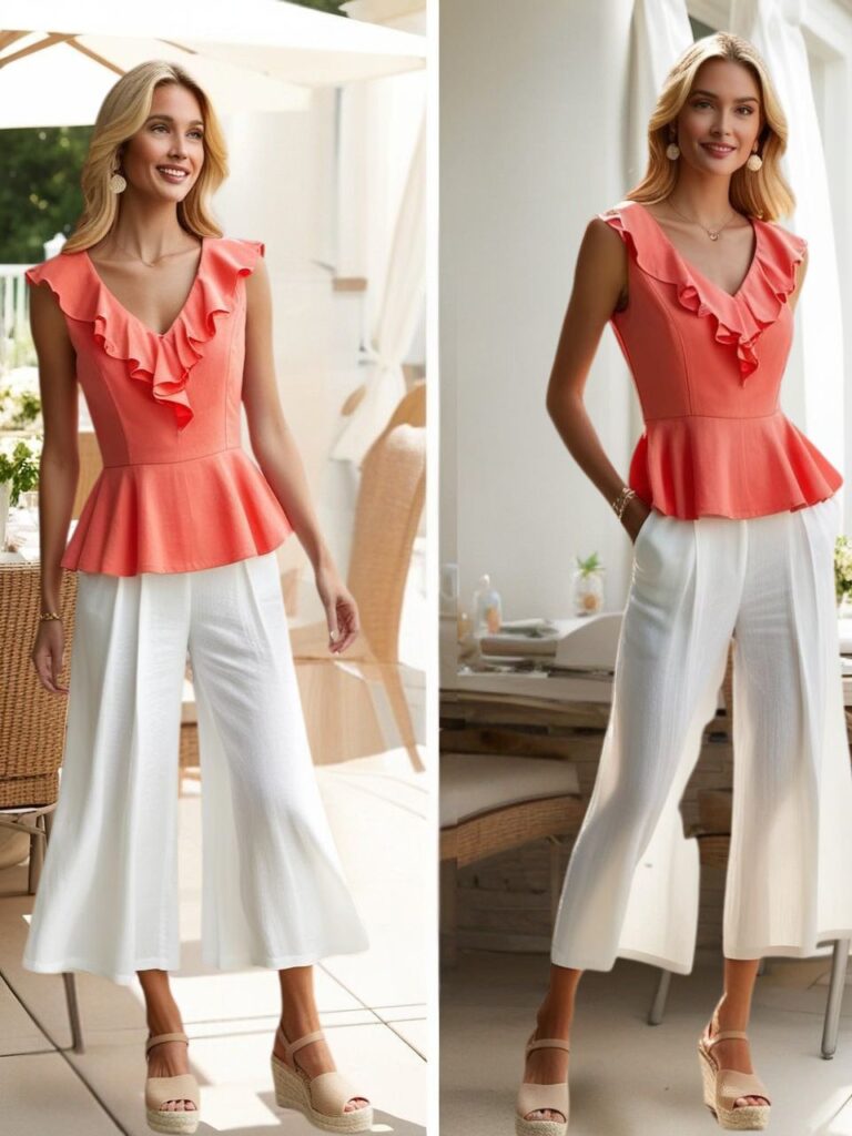 Flattering summer brunch outfit with a peplum blouse, breezy culottes, and wedges for a polished, comfortable, and classy warm-weather look