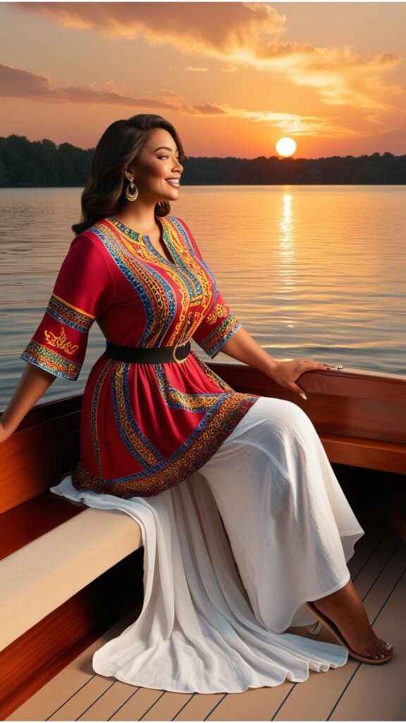 A stunning plus-size woman wearing a colorful tunic and white linen pants, enjoying a boat trip on a scenic lake.
