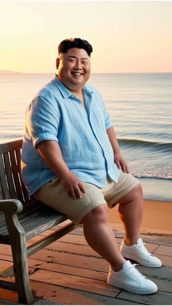 A chubby Korean man wearing a light blue relaxed-fit linen shirt, beige shorts, and white sneakers, sitting on a bench by the beach.