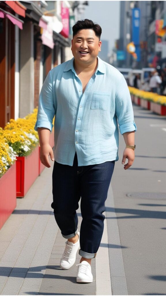 A chubby Korean good looking man wearing a light blue relaxed-fit linen shirt with rolled-up sleeves, dark blue jeans, and white sneakers, walking down a street