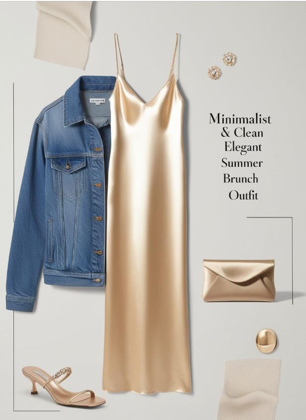 Satin slip dress with denim jacket and mini clutch for a casual yet elegant summer brunch outfit idea for women.