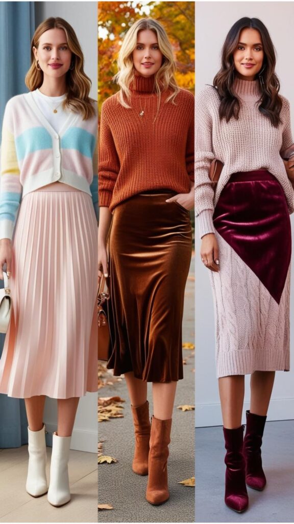 Style midi skirts year-round: pastels and cardigans for spring, rich tones and boots for autumn, and cozy velvet or knit with sweaters for winter warmth.