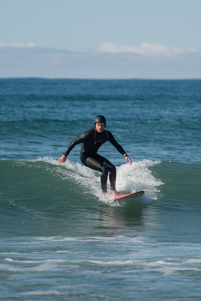 A man surfing in the ocean, wearing board outfit.