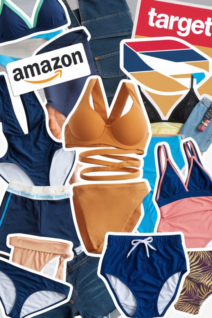 A collage of popular swimwear brands and online stores, such as Amazon and Target.