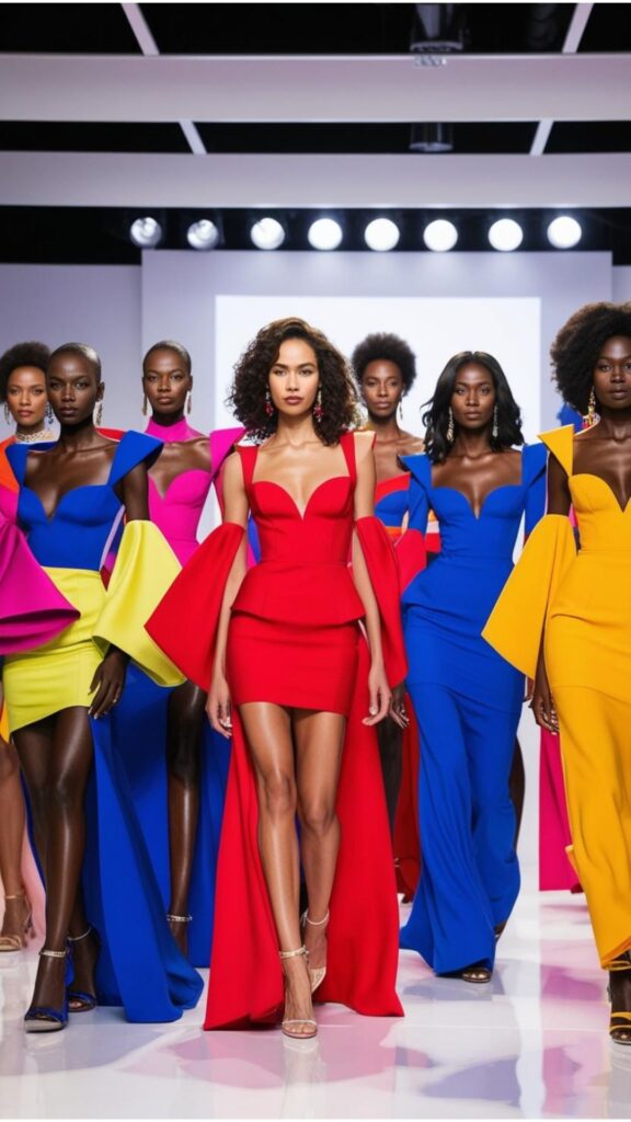 A fashion runway show featuring models wearing the latest summer dresses aesthetic 2025, showcasing bold colors and statement sleeves.