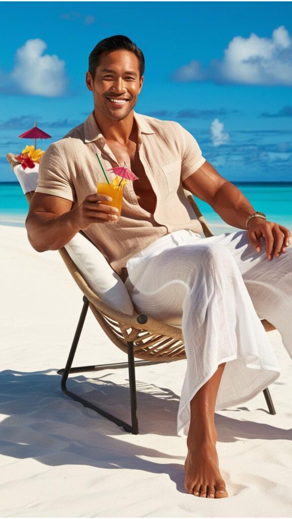 A handsome man wearing a linen shirt and white pants, relaxing on a beach chair with a tropical drink in his hand.