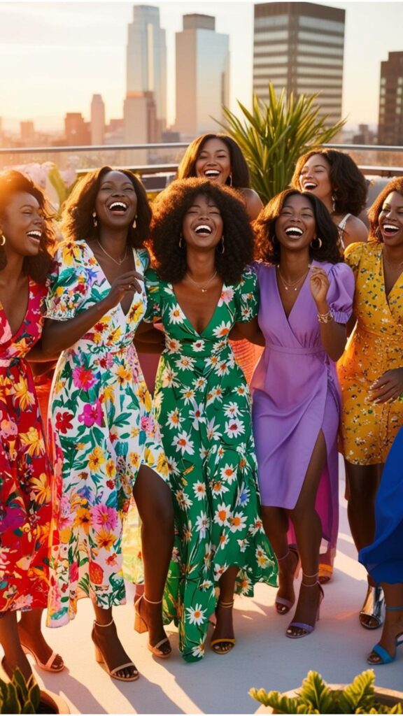 A group of Black women wearing different styles of summer dresses, attending a rooftop party.