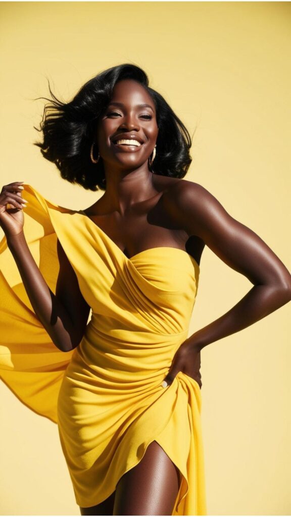 A Black stunning woman in a vibrant yellow sundress, smiling and looking confident.