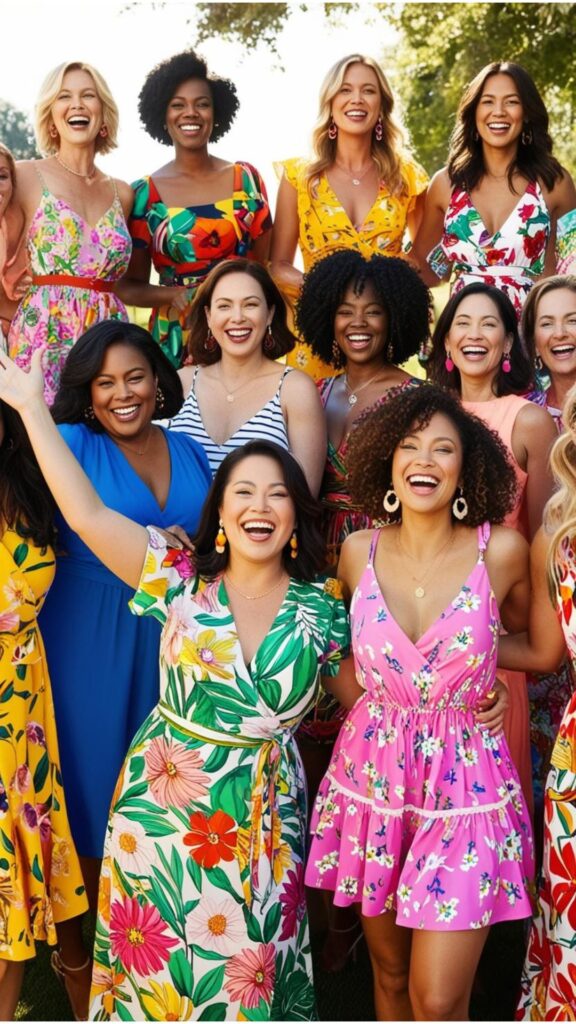 A diverse group of women wearing different styles of summer dresses, showcasing a range of body types and personal styles.