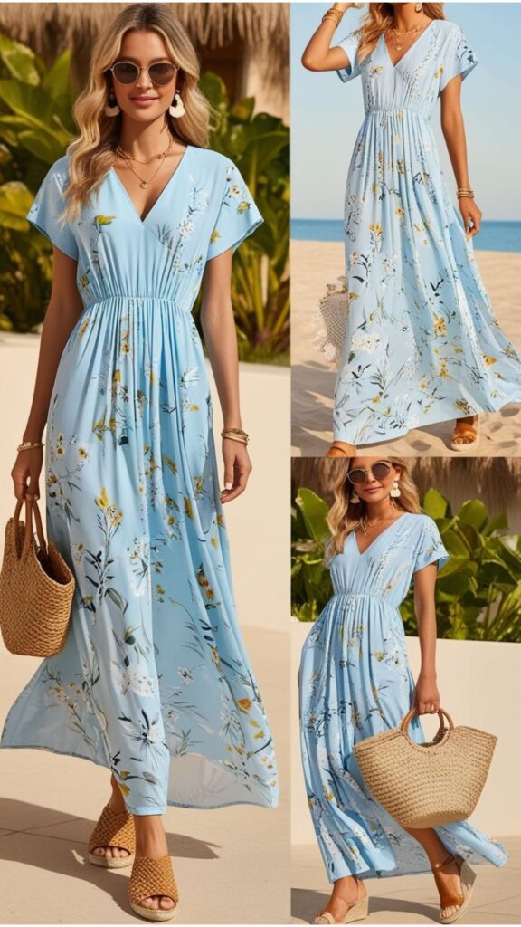 A flowy summer long dress styled casually with sandals for daytime or dressed up with heels and jewelry for an elegant evening look—perfect for vacations.