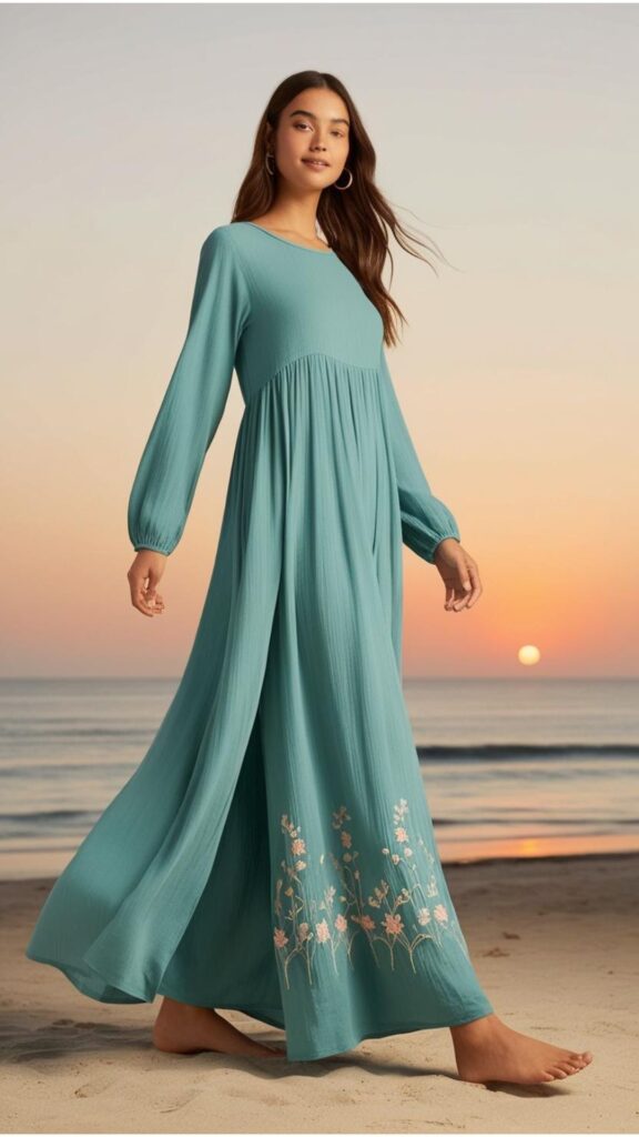 A long sleeve maxi dress offers stylish coverage, keeping you cool during the day and warm in the evening—perfect for breezy summer nights or modest styling.