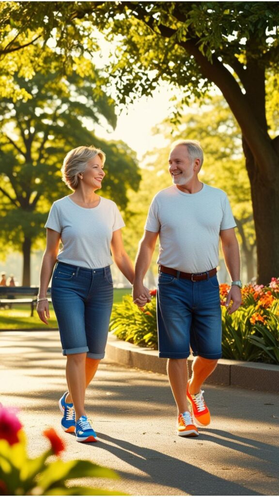 A man and woman over 40 wearing denim shorts, t-shirts, and sneakers, enjoying a walk in the park.