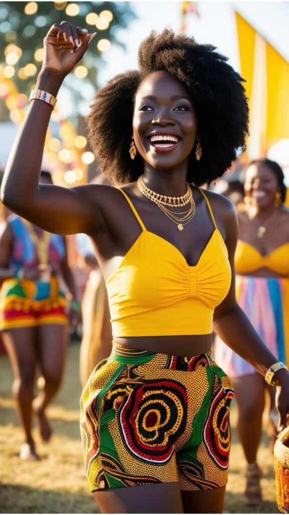 A stunning Black woman wearing Ankara print shorts, a bright yellow top, and gold jewelry, enjoying a summer festival.