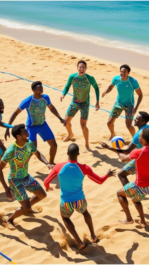 A group of good looking young men wearing colorful swim trunks and rash guards, playing volleyball on a sunny beach.