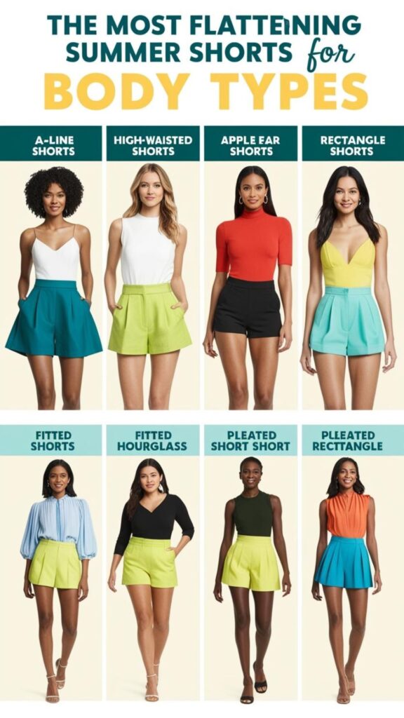 Find the best summer shorts for your body type: A-line for pear shapes, high-waisted for apple shapes, fitted for hourglass, and pleated for rectangles.
