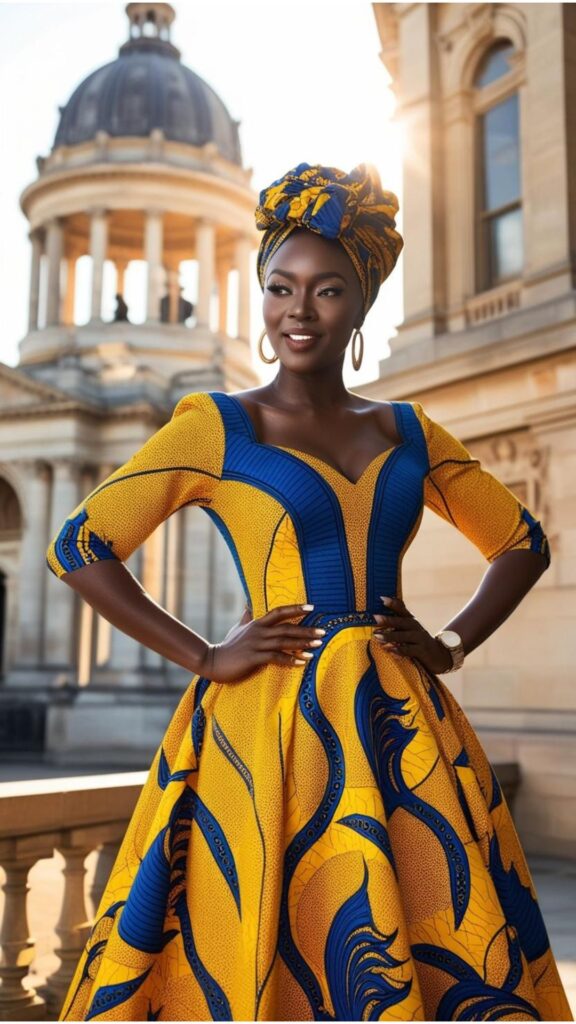 A Black woman confidently wearing a headwrap and a flowing Ankara print dress, posing in front of a historical landmark.