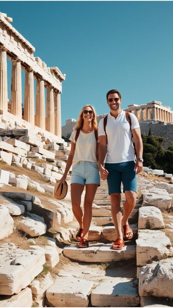 A lovely couple wearing comfortable sandals, hiking up to the Acropolis in Athens.