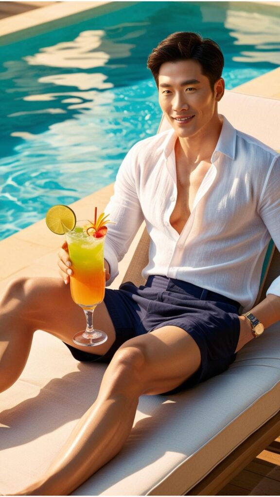 A good looking man wearing a white linen shirt and navy shorts, relaxing on a sunbed by the pool with a cocktail in hand.