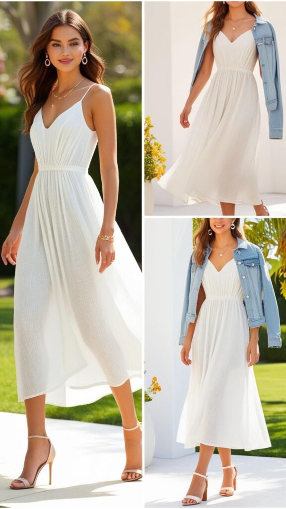 A summer white midi dress is perfect for weddings—dress it up with heels and accessories or keep it casual with sandals and a denim jacket for a chic look.