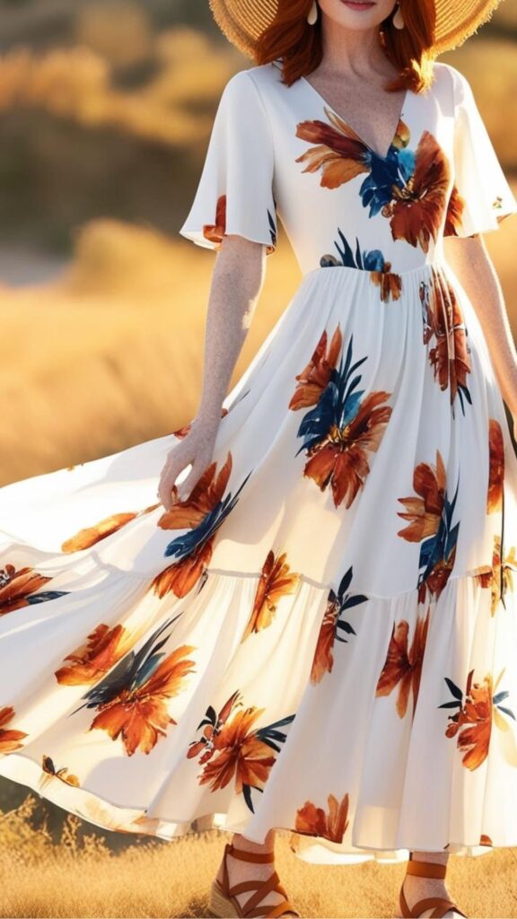 A woman wearing a flowing white midi dress with a floral pattern, paired with strappy sandals and a straw hat.