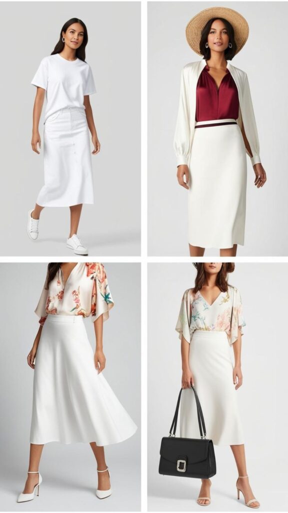 Style a summer white midi skirt casually with a tee and sneakers, dressy with a blouse and heels, boho with a flowy top and hat, or minimalist with a sleek bag.