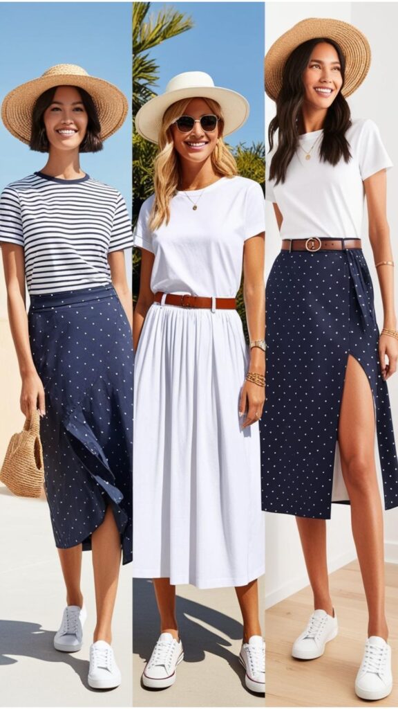 Style a white cotton midi skirt with a striped tee and straw hat, a polka dot midi with a white tee and sneakers, or accessorize with a belt and jewelry for elegance.