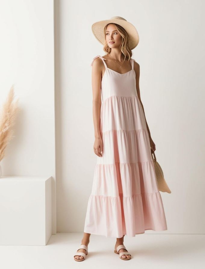 Pastel tiered maxi dress paired with sandals and floppy hat, a romantic and breezy summer brunch outfit for warm-weather gatherings.
