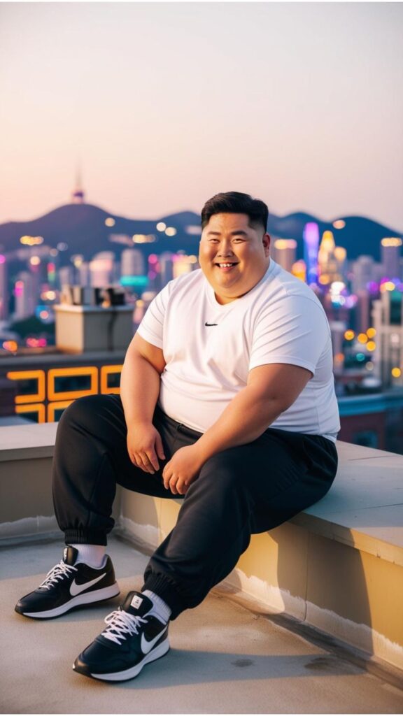 A chubby Korean good looking man wearing black track pants, a white t-shirt, and black and white sneakers, sitting on a rooftop overlooking the city.