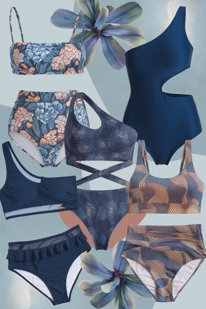 A collage of different swimsuit styles, including high-waisted bikinis, one-shoulder swimsuits, cut-out swimsuits, sporty bikinis, and ruffles.