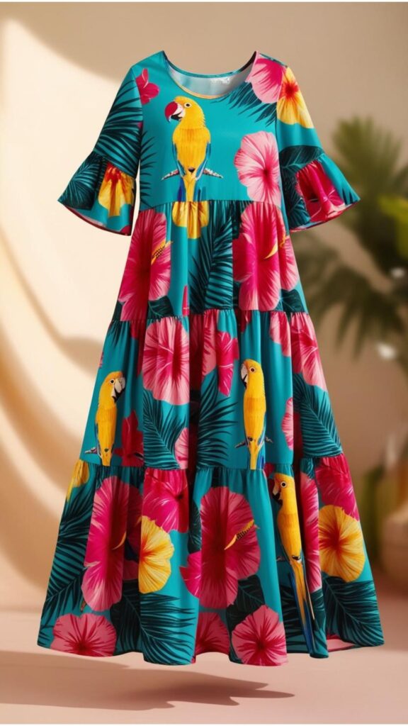 A flowy maxi dress with a bold tropical print, featuring a tiered skirt and ruffled sleeves.