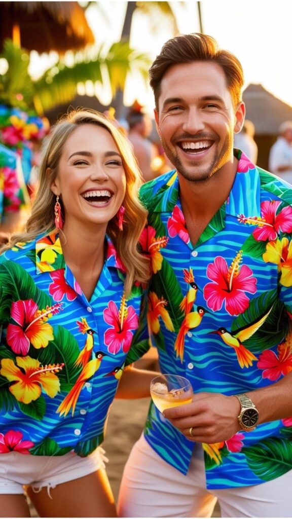 A lovely couple wearing matching Hawaiian shirts, enjoying a luau in Hawaii.