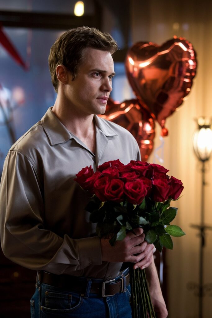 a man wearing collared shirt and jeans carrying a bouquet of red roses.