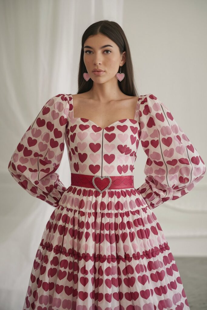 A woman wearing a heart printed outfit.